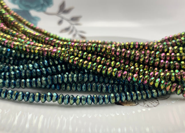 4mm Hematite Pyrite Beads Silver Gold Rhodium Gray Green Brown Blue Raimbow Color Faceted Rondelle Shape Polished Beads 16 Inches #2714