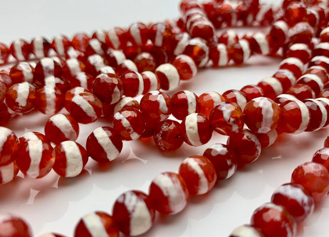 8 mm DZI Tibetan Agate Faceted Round Orange Red And White Color Tibetan Agate Gemstone Loose Beads #2396
