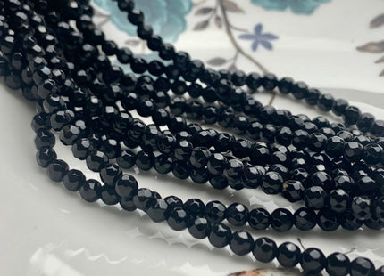 3mm 4mm Faceted Round Black Agate Gemstone Beads 14 Inches Strand #2711