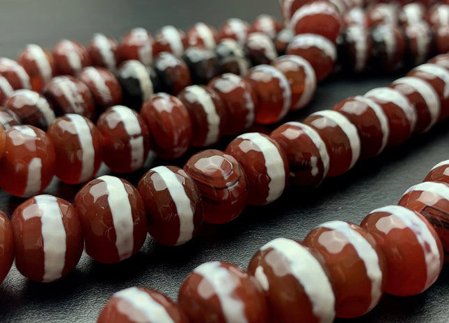 10x13-14 mm DZI Tibetan Agate Large Hole Faceted Drum Shape Cinnamon Brown Color Agate Hole Size 2.0 mm 14 Inches Strand 37 Beads #2733