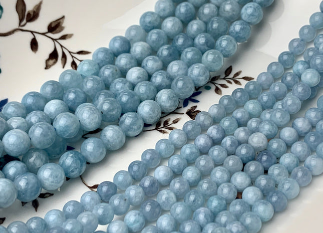 6mm 8mm Smooth Round Natural Blue Aquamarine Gemstone Beads Genuine Blue Aquamarine Loose Beads 15.5 Inches Strand #2789