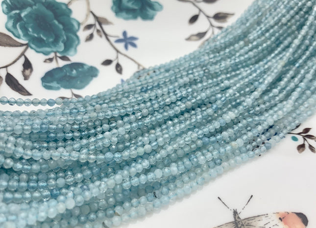 2.5 mm AAA Faceted Round Tiny Natural Blue Aquamarine Gemstone Beads