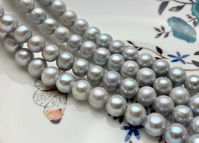 9 mm Half Strand AA Large Hole Semi Round Gray Color Freshwater Pearls Beads 2.1mm Hole Genuine Off Round Large Hole Pearl Beads #1884