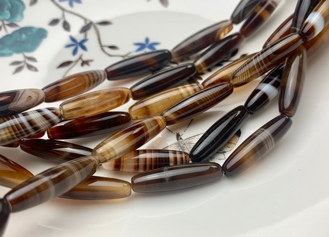 6x24 mm Smooth Barrel Shape Coffee Wave Line Agate Gemstone Beads Long Barrel Agate Gemstone 15.5 Inches Strand 16 Pieces #2603