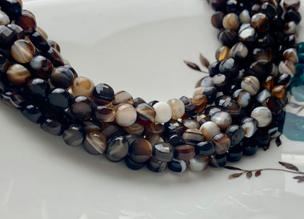 6 mm Micro Faceted Diamond Cut Brown And White Color Flat Coin Disc Shape Botswana Agate Gemstone Beads Genuine Agate 15 Inches Strand #2819
