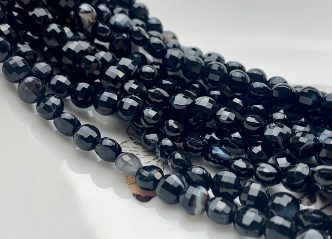 6 mm Micro Faceted Diamond Cut Black Color Flat Coin Disc Shape Agate Gemstone Beads Genuine Agate 15 Inches Strand #2822