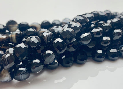 6 mm Micro Faceted Diamond Cut Black Color Flat Coin Disc Shape Agate Gemstone Beads Genuine Agate 15 Inches Strand #2822