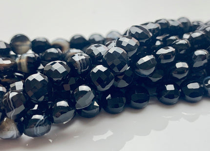 6 mm Micro Faceted Diamond Cut Black Color Flat Coin Disc Shape Agate Gemstone Beads Genuine Agate 15 Inches Strand #2822