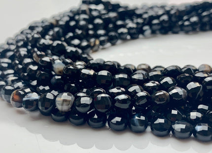 6 mm Micro Faceted Diamond Cut Black Color Flat Coin Disc Shape Agate Gemstone Beads Genuine Agate 15 Inches Strand #2822