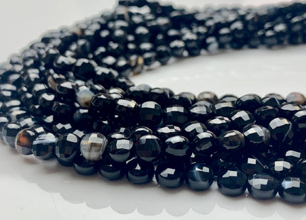 6 mm Micro Faceted Diamond Cut Black Color Flat Coin Disc Shape Agate Gemstone Beads Genuine Agate 15 Inches Strand #2822