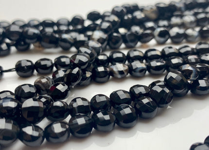 6 mm Micro Faceted Diamond Cut Black Color Flat Coin Disc Shape Agate Gemstone Beads Genuine Agate 15 Inches Strand #2822