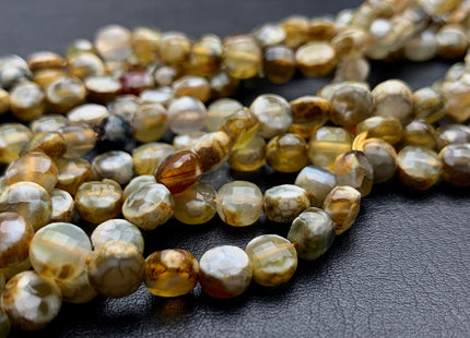 6 mm Micro Faceted Diamond Cut Yellow And White Color Flat Coin Disc Shape Agate Gemstone Beads Genuine Agate 15 Inches Strand #2823