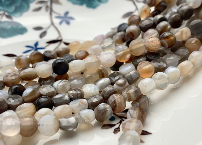 6 mm Micro Faceted Diamond Cut Light Brown Gray Color Flat Coin Disc Shape Agate Gemstone Beads Genuine Agate 15 Inches Strand #2825