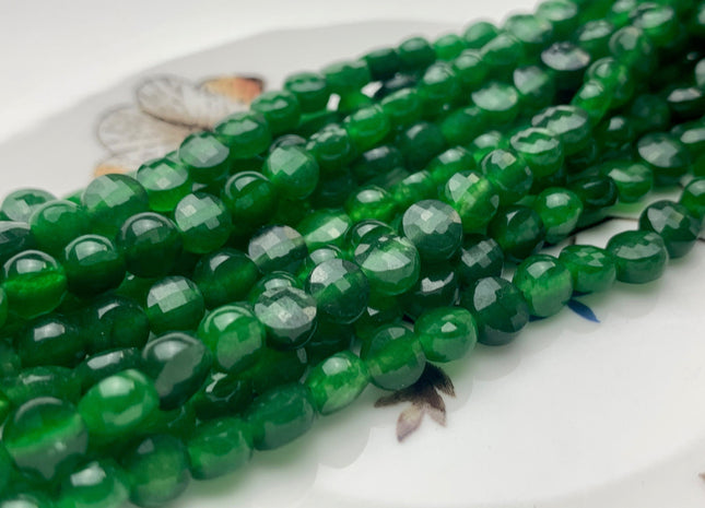 6 mm Micro Faceted Diamond Cut Dark Green Jade Gemstone Flat Coin Disc Shape Gemstone Beads Genuine Jade 15 Inches Strand #2830