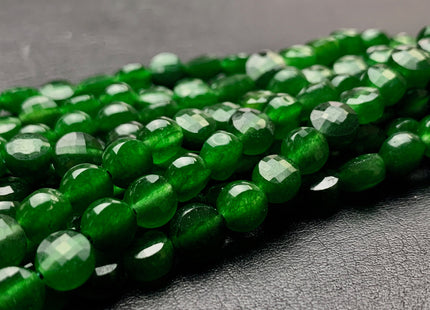 6 mm Micro Faceted Diamond Cut Dark Green Jade Gemstone Flat Coin Disc Shape Gemstone Beads Genuine Jade 15 Inches Strand #2830