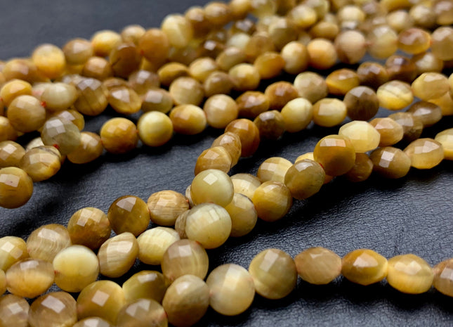 6 mm Micro Faceted Diamond Cut Golden Tiger Eye Gemstones Flat Coin Disc Shape Gemstone Beads Genuine Tiger Eye 15 Inches Strand #2832