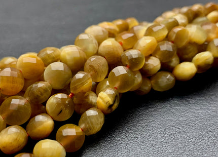 6 mm Micro Faceted Diamond Cut Golden Tiger Eye Gemstones Flat Coin Disc Shape Gemstone Beads Genuine Tiger Eye 15 Inches Strand #2832