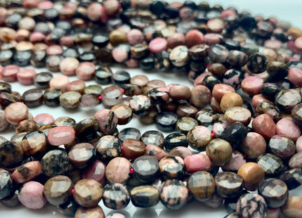 6mm Micro Faceted Diamond Cut Black And Pink Rhodonite Gemstone Flat Coin Disc Shape Gemstone Beads Genuine Rhodonite 15 Inches Strand #2828