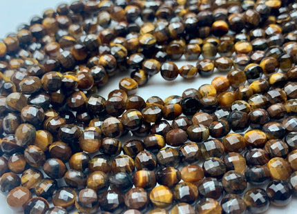 6 mm Micro Faceted Diamond Cut Brown Color Tiger Eye Gemstones Flat Coin Disc Shape Gemstone Beads Genuine Tiger Eye 15 Inches Strand #2836