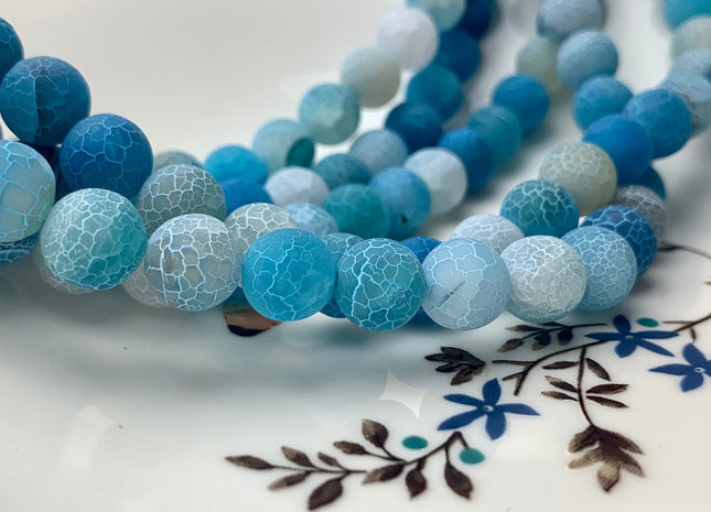 4 mm 6 mm 8 mm 10 mm Aqua Blue Color Matte Finished Round Cracked Fire Agate Gemstone Beads 14 Inches Strand #2856