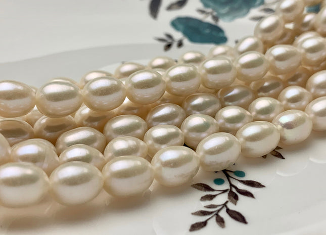 8x10 mm AAA Rice/Oval White Natural Freshwater Pearls, Genuine Freshwater Pearl, Natural White Rice Pearl, High Luster Pearls #1043