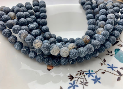 4 mm 6 mm 8 mm 10 mm Black Color Matte Finished Round Cracked Fire Agate Gemstone Beads 14 Inches Strand #2857