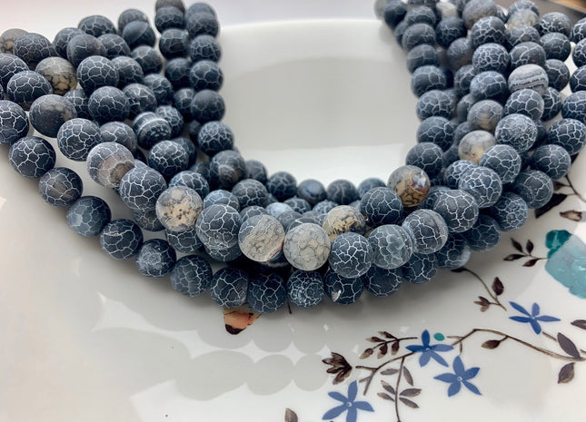 4 mm 6 mm 8 mm 10 mm Black Color Matte Finished Round Cracked Fire Agate Gemstone Beads 14 Inches Strand #2857