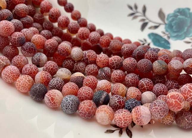 4 mm 6 mm 8 mm 10 mm Multi Black And Red Color Matte Finished Round Cracked Fire Agate Gemstone Beads 14 Inches Strand #2860