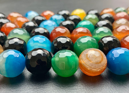 14mm 16mm Faceted Round Fire Agate Gemstone Beads Heat Treated Mixed Yellow Blue Green Black Carnelian Color 15.5 Inches Strand #2871