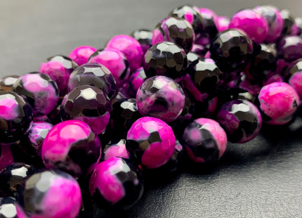 10 mm Faceted Round Fire Agate Gemstone Beads Heat Treated Black And Pink Color Agate 15.5 Inches Strand #2887