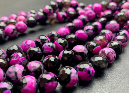 10 mm Faceted Round Fire Agate Gemstone Beads Heat Treated Black And Pink Color Agate 15.5 Inches Strand #2887