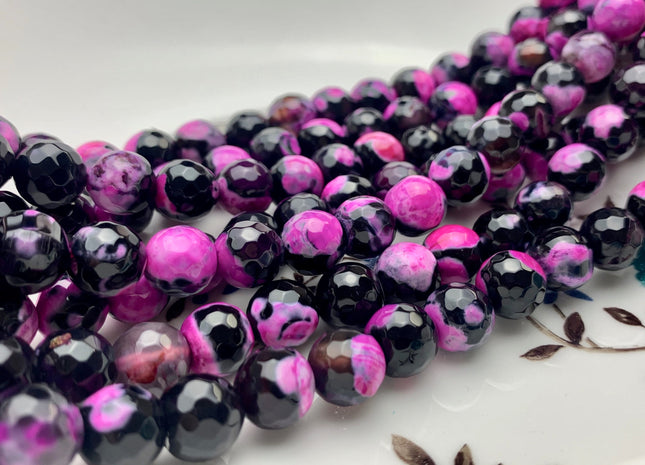 10 mm Faceted Round Fire Agate Gemstone Beads Heat Treated Black And Pink Color Agate 15.5 Inches Strand #2887