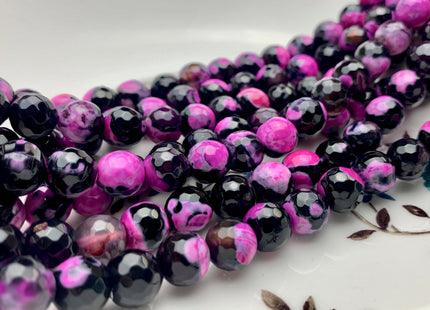 10 mm Faceted Round Fire Agate Gemstone Beads Heat Treated Black And Pink Color Agate 15.5 Inches Strand #2887