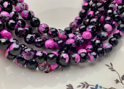 10 mm Faceted Round Fire Agate Gemstone Beads Heat Treated Black And Pink Color Agate 15.5 Inches Strand #2887