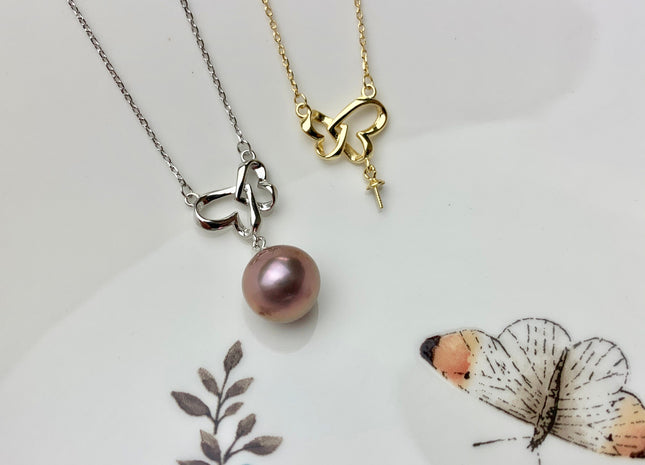 925 Sterling Silver/Gold Necklace Chain With Double Heart Design Pendant Setting Findings For Half Drilled Pearl DIY Necklace #10341