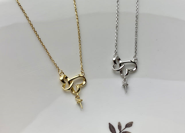 925 Sterling Silver/Gold Necklace Chain With Double Heart Design Pendant Setting Findings For Half Drilled Pearl DIY Necklace #10341