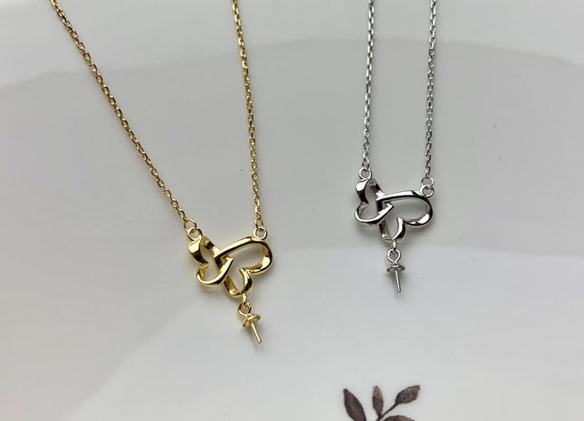 925 Sterling Silver/Gold Necklace Chain With Double Heart Design Pendant Setting Findings For Half Drilled Pearl DIY Necklace #10341