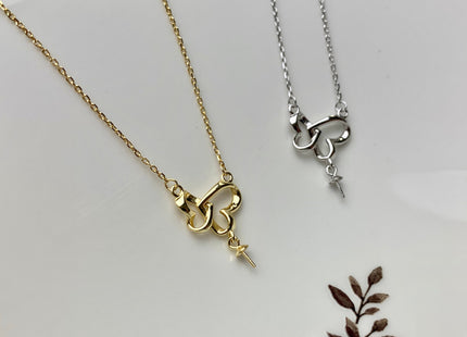 925 Sterling Silver/Gold Necklace Chain With Double Heart Design Pendant Setting Findings For Half Drilled Pearl DIY Necklace #10341