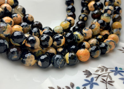 8 mm 10 mm Faceted Round Fire Agate Gemstone Beads Heat Treated Black And Yellow Color Agate 15.5 Inches Strand #2884