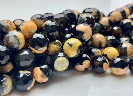 8 mm 10 mm Faceted Round Fire Agate Gemstone Beads Heat Treated Black And Yellow Color Agate 15.5 Inches Strand #2884