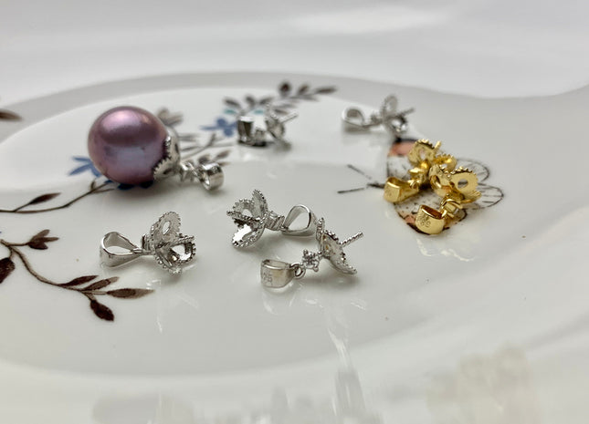 One Piece 925 Sterling Silver/Gold Pendant Cap Setting Findings For Half Drilled Pearls Genuine 925 Sterling Silver W/CZ Pendant #10019-A