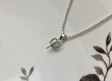 One Piece 925 Sterling Silver/Gold Pendant Setting Findings For Half Drilled Pearl Crown Shape Design W/CZ Silver Mounts DIY Jewelry #1929-A