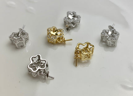 One Piece 925 Sterling Silver/Gold Pendant Setting Findings For Half Drilled Pearl Clover Leaf Shape Design W/CZ DIY Pendant #10343-A