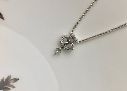 One Piece 925 Sterling Silver/Gold Pendant Setting Findings For Half Drilled Pearl Clover Leaf Shape Design W/CZ DIY Pendant #10343-A
