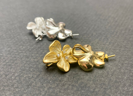 One Piece 925 Sterling Silver/Gold Pendant Setting Findings For Half Drilled Pearls Flower Shape Design W/CZ DIY Jewelry Pendant #1924-A