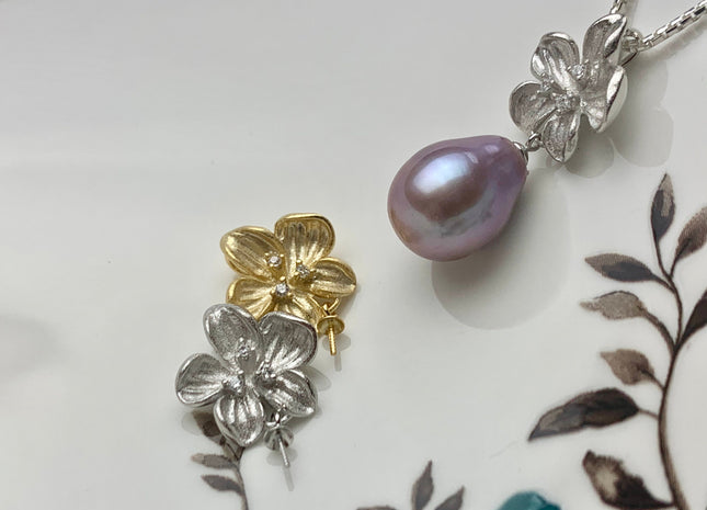 One Piece 925 Sterling Silver/Gold Pendant Setting Findings For Half Drilled Pearls Flower Shape Design W/CZ DIY Jewelry Pendant #10342-A