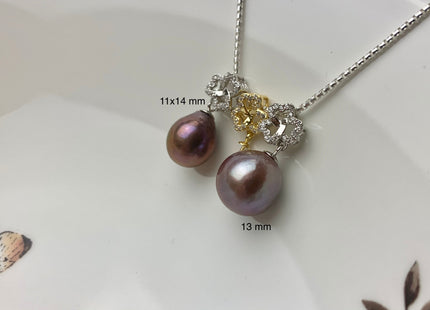 One-Of-A-Kind 13-14 mm AAA Very Rare Natural Dark Mauve Genuine Edison Pearl Pendant W/925 Sterling Silver Clover Leaf Design #10343-B