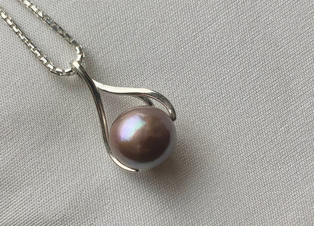One-Of-A-Kind 10 mm AAA Very Rare Natural Dark Mauve Pink Genuine Edison Pearl Pendant W/925 Sterling Silver Cage Design Jewelry #1927-B