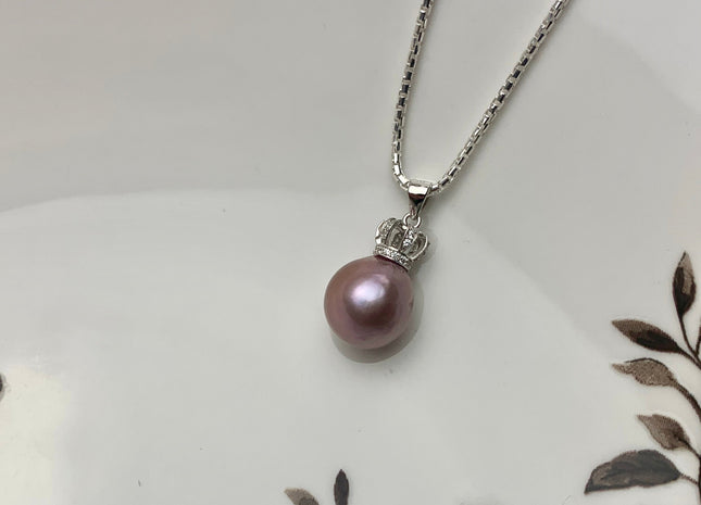 One-Of-A-Kind 11-12 mm AAA Very Rare Natural Dark Mauve Genuine Edison Pearl Pendant W/925 Sterling Silver Crown Shape Design #1929-B