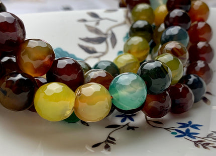 14 mm Faceted Round Fire Agate Gemstone Beads Heat Treated Brown Green Yellow Color 15.5 Inches Strand #2921